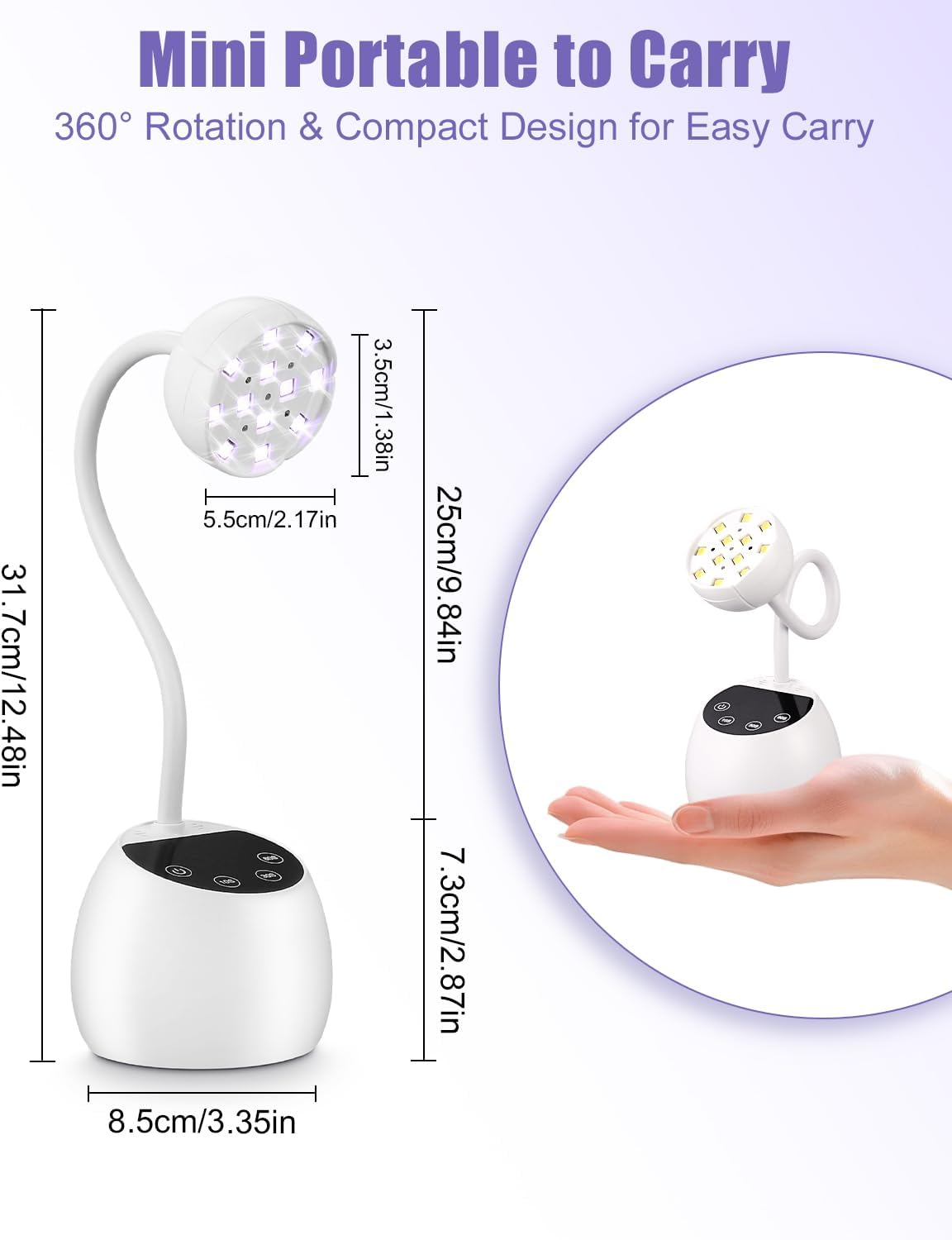 Mini UV-Nagellampe mit 12 LEDs, 3 Timer-Modi, 360° verstellbarer Arm, tragbar, wiederaufladbar