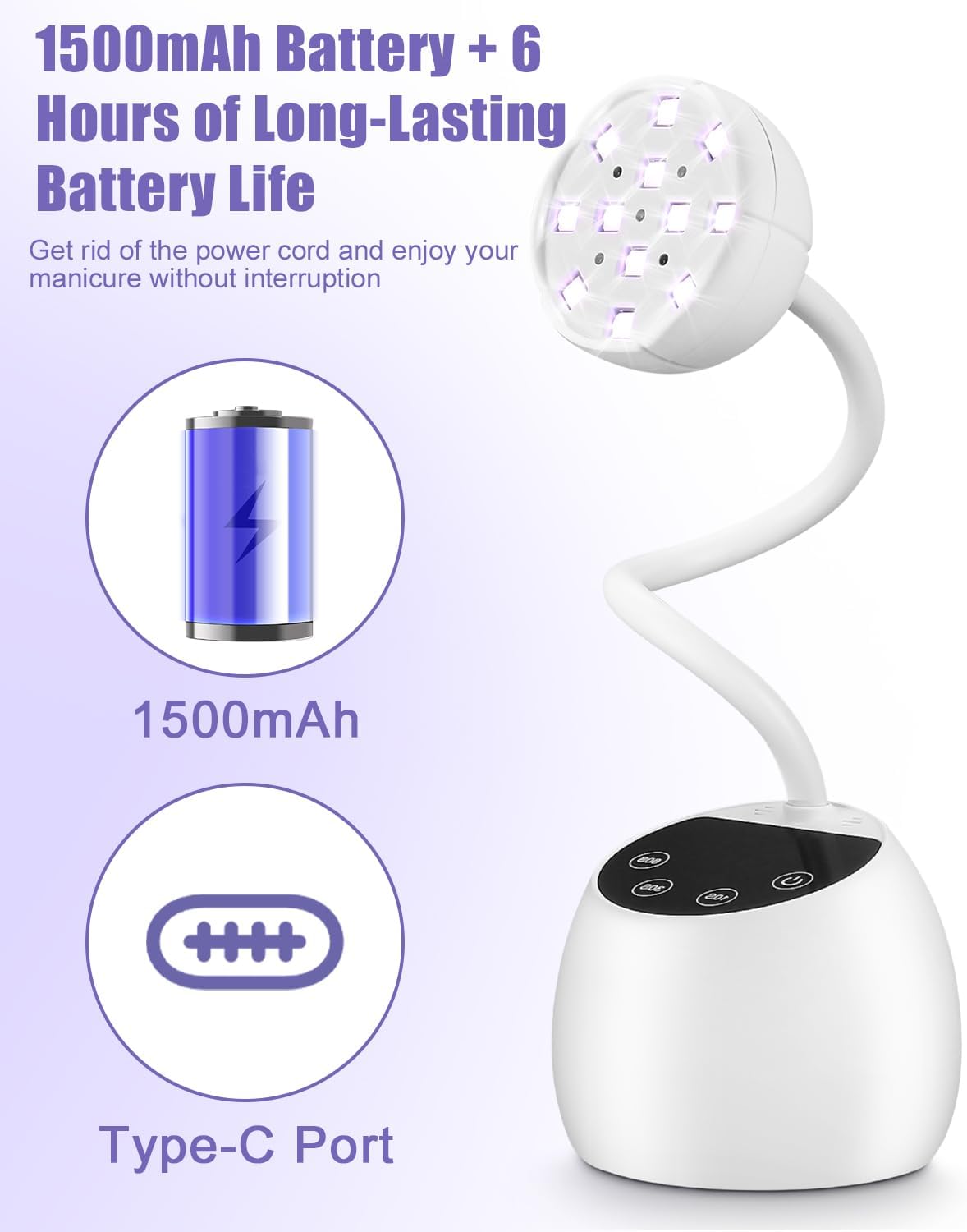 Mini UV-Nagellampe mit 12 LEDs, 3 Timer-Modi, 360° verstellbarer Arm, tragbar, wiederaufladbar