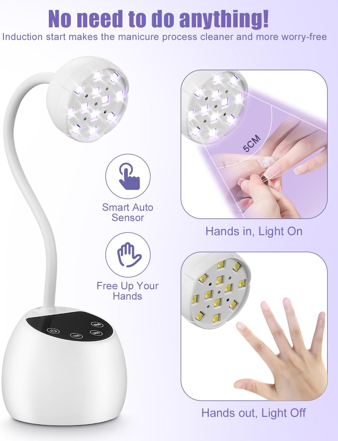 Mini UV-Nagellampe mit 12 LEDs, 3 Timer-Modi, 360° verstellbarer Arm, tragbar, wiederaufladbar