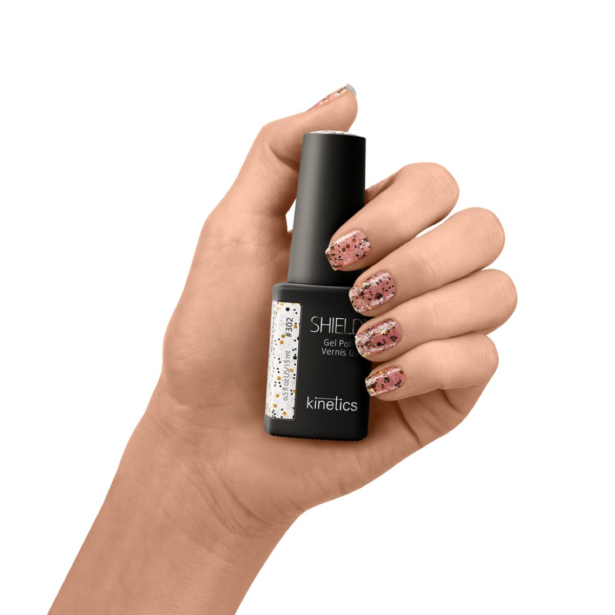 Kinetics Shield Gel Polish #302 RICH & CHICK – Braun‑Glitzer UV-Gellack, HEMA-frei, 15ml