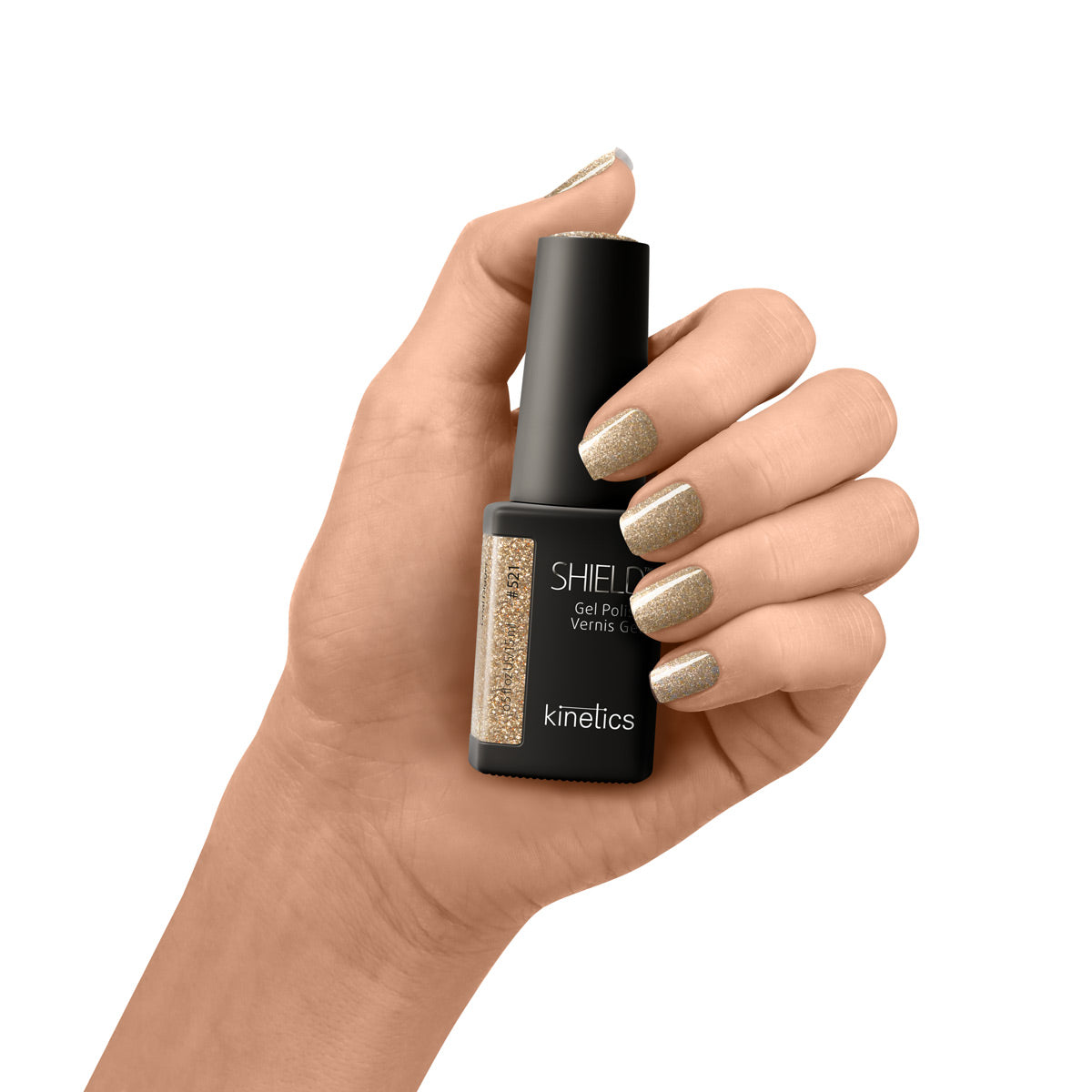 Kinetics SHIELD Gel Polish #521 GOAL DIGGER 15 ml – UV Nagellack warmes Gold mit Glitzer, HEMA‑frei