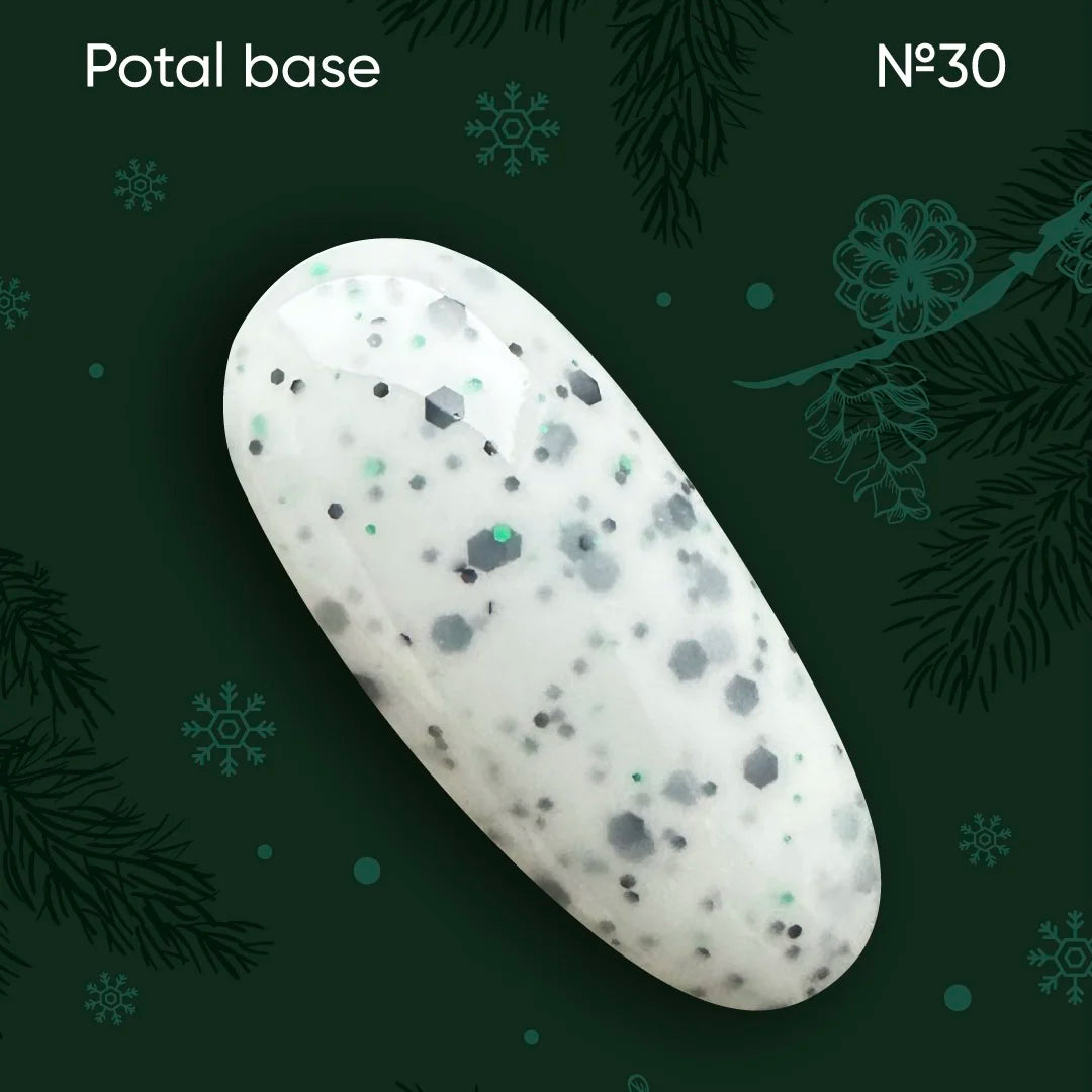 NAILSOFTHEDAY Potal Base 30 – milchige Basis mit schwarzem und grünem Glitzer, 10ml