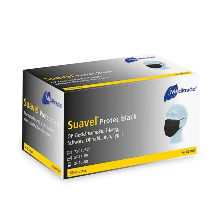Protec black medizinischer 3‑lagiger OP‑Mundschutz Typ II (50 Stück) – ideal für Nagelstudios