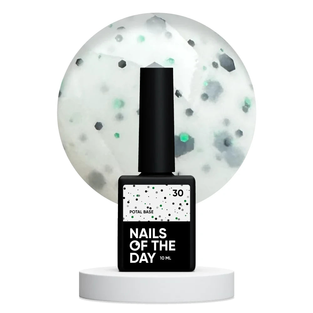 NAILSOFTHEDAY Potal Base 30 – milchige Basis mit schwarzem und grünem Glitzer, 10ml