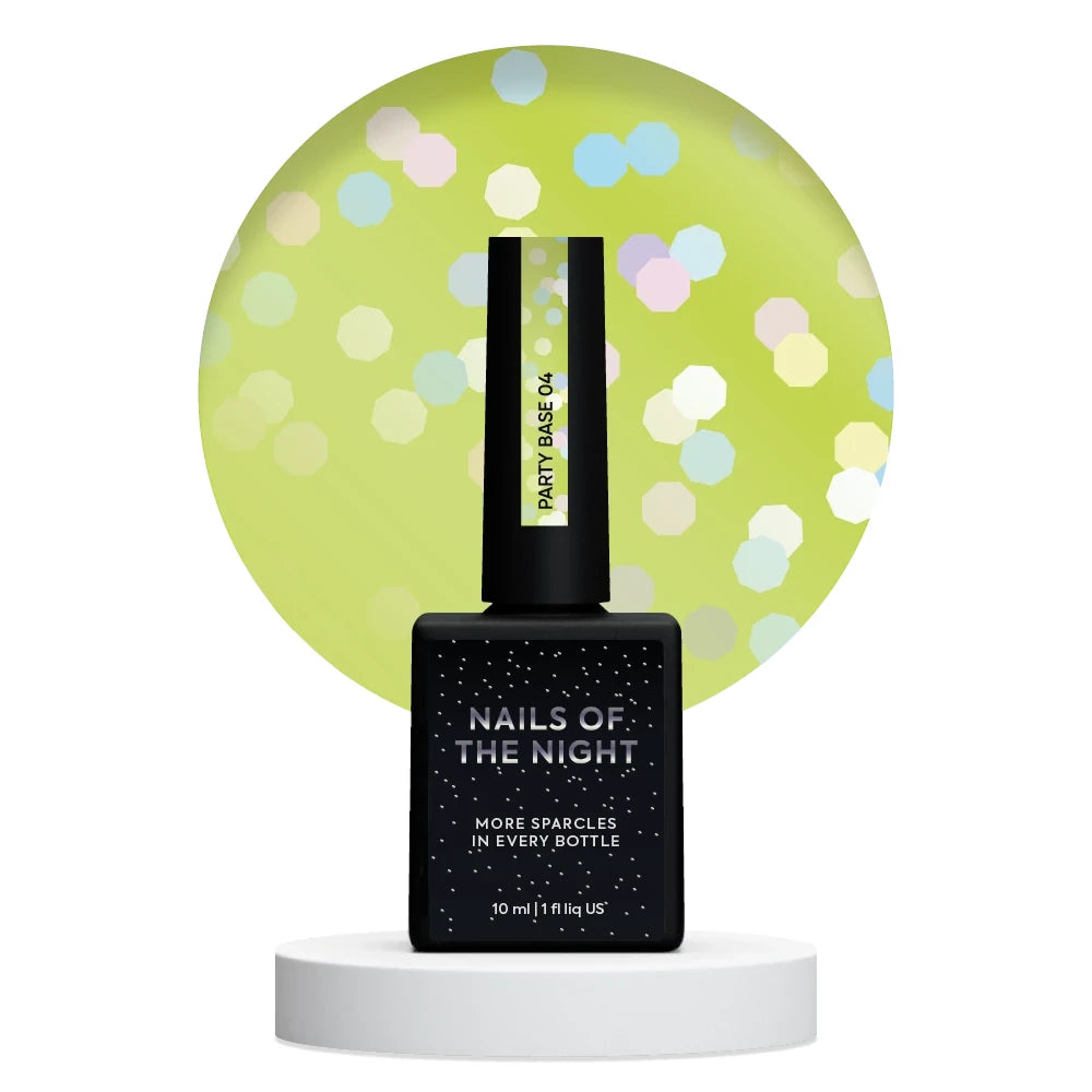 NAILSOFTHENIGHT Party Base 04 – Neon-Limettengrüne Basis mit holografischen Sechsecken. Perfekte Glättung, hohe Flexibilität, Inhalt 10ml