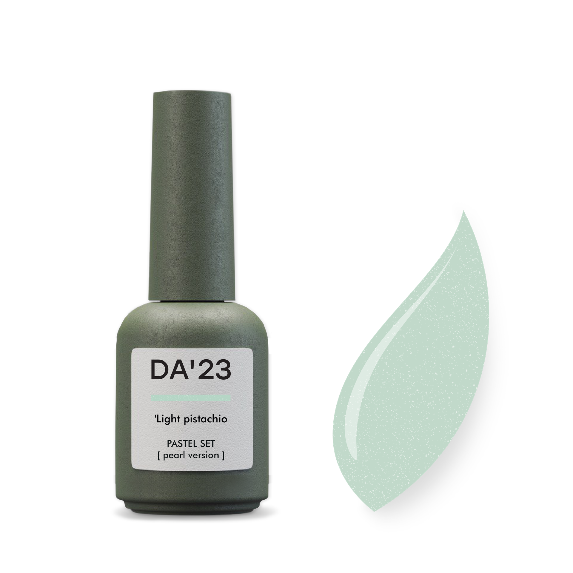 Gel Polish DA’23 Light pistachio [svitlo-fistashkovyy], 8 ml – helles Pistaziengrün mit Perlglanz, mittlere Konsistenz, langanhaltende Deckkraft