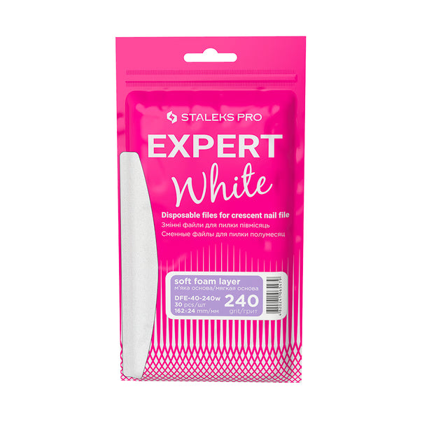 Staleks Pro Expert 40 Weiße Wechsel-Feilen, Halbmond, weiches selbstklebendes Trägermaterial, 240 Grit, 30 Stück – für Maniküre