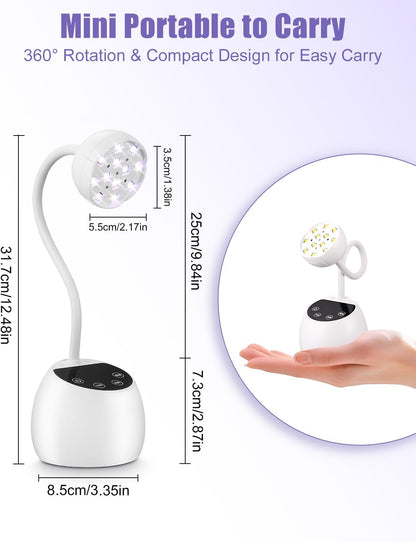 Mini UV-Nagellampe mit 12 LEDs, 3 Timer-Modi, 360° verstellbarer Arm, tragbar, wiederaufladbar