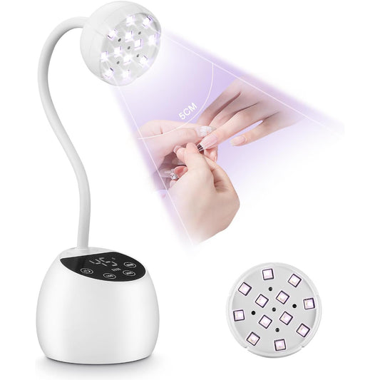 Mini UV-Nagellampe mit 12 LEDs, 3 Timer-Modi, 360° verstellbarer Arm, tragbar, wiederaufladbar