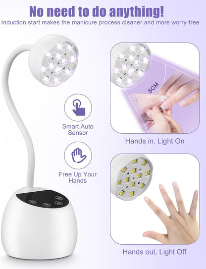 Mini UV-Nagellampe mit 12 LEDs, 3 Timer-Modi, 360° verstellbarer Arm, tragbar, wiederaufladbar
