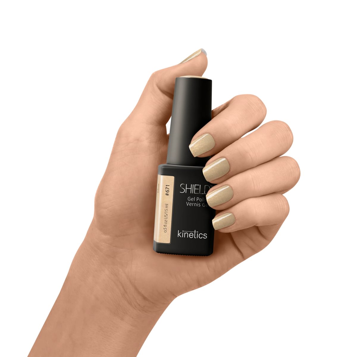Kinetics SHIELD Gel Polish #671 GLOW 15 ml – Beige mit goldenem Schimmer UV Nagellack, HEMA-frei