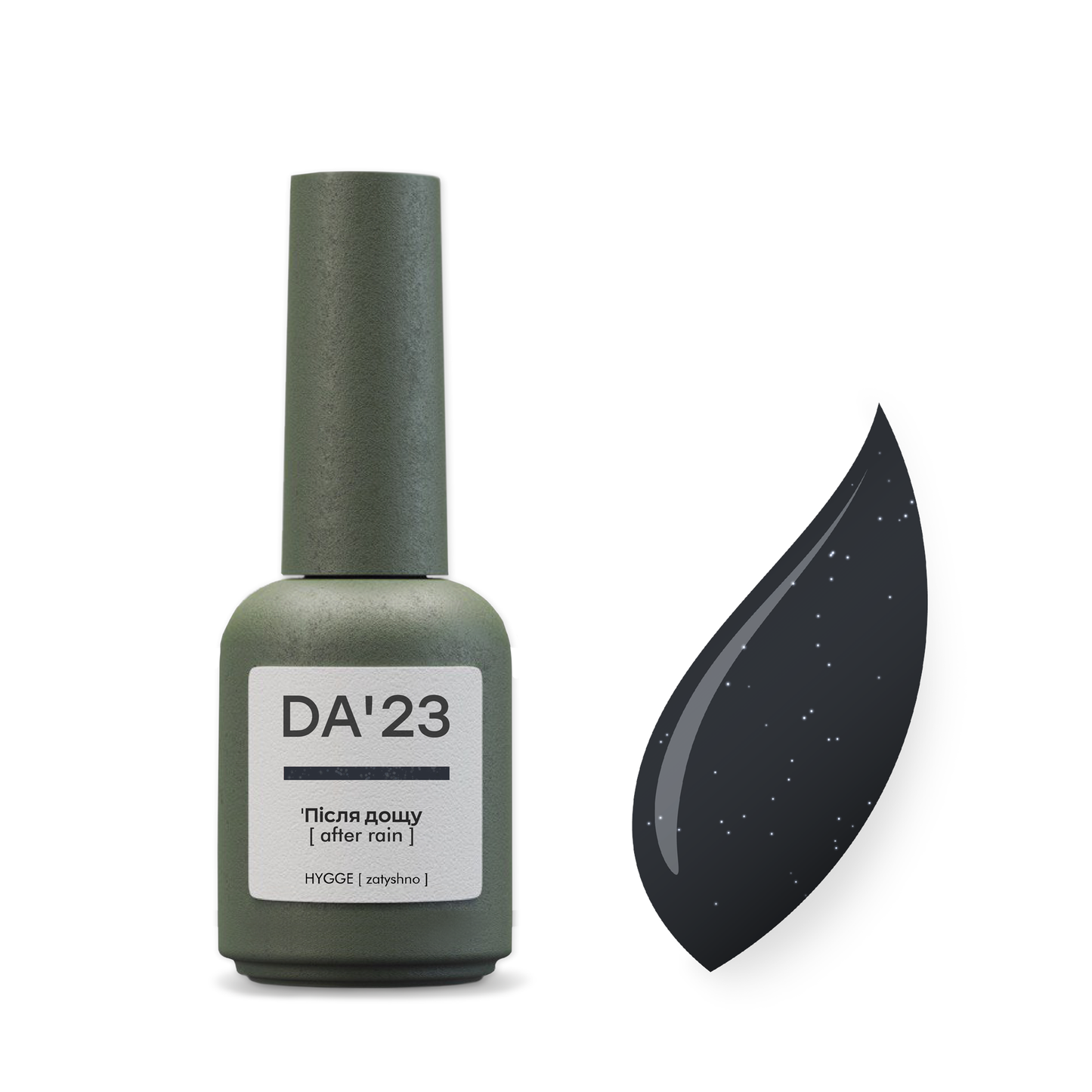 Gel Polish DA’23 Pislya doshchu [after the rain], 8 ml – dunkles Grau mit feinem Schimmer, mittlere Konsistenz, glänzendes Finish, langanhaltende Deckkraft