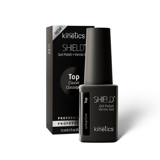 Kinetics SHIELD Classic Tack Free Top Coat ohne Schwitzschicht 15ml – Glänzender No-Wipe Top Coat für Gellack, ohne Blaustich