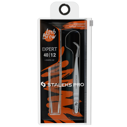 Профессиональный пинцет STALEKS PRO EXPERT 40 Тип 12 – изогнутая (boot) 65° из нержавеющей стали AISI 420 для наращивания объёмных ресниц