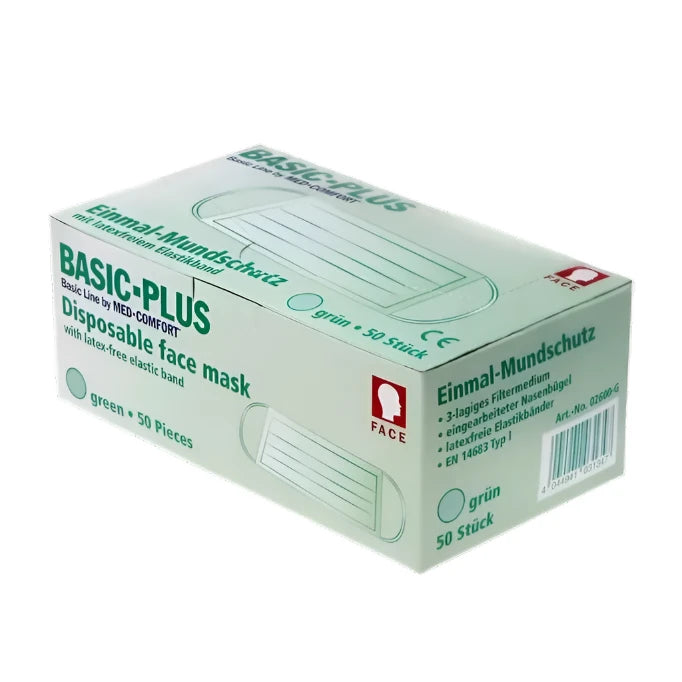 Basic Plus – 3‑слойные медицинские одноразовые маски (OP, Typ II), 50 шт, зеленые — для мастеров маникюра