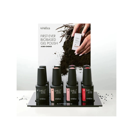 Kinetics SHIELD BIO bases Gellack Kollektion 8tlg. inkl. Display & Farbkarte – Bio-Gel Polish mit bis zu 50 % pflanzlichem Kohlenstoff