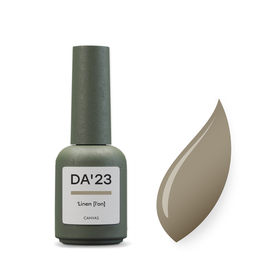 Gel Polish DA’23 ‘Linen [l’on], 8 ml – graubeiger Gel-Lack mit glänzendem Finish, mittlerer Konsistenz, langanhaltende Deckkraft