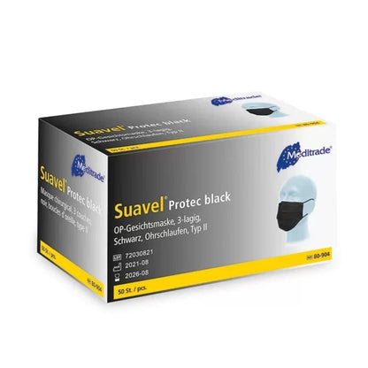 Protec black medizinischer 3‑lagiger OP‑Mundschutz Typ II (50 Stück) – ideal für Nagelstudios