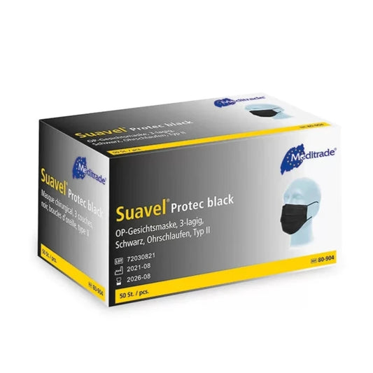 Protec black medizinischer 3‑lagiger OP‑Mundschutz Typ II (50 Stück) – ideal für Nagelstudios