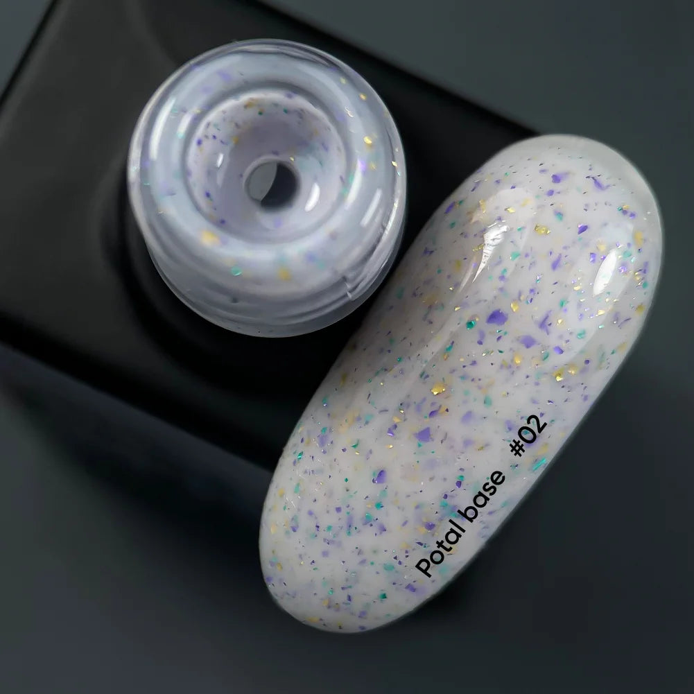 NAILSOFTHEDAY Potal Base 02 - молочно-голубая база с поталью (золотисто-фиолетовая и бирюзовая поталь), 10мл
