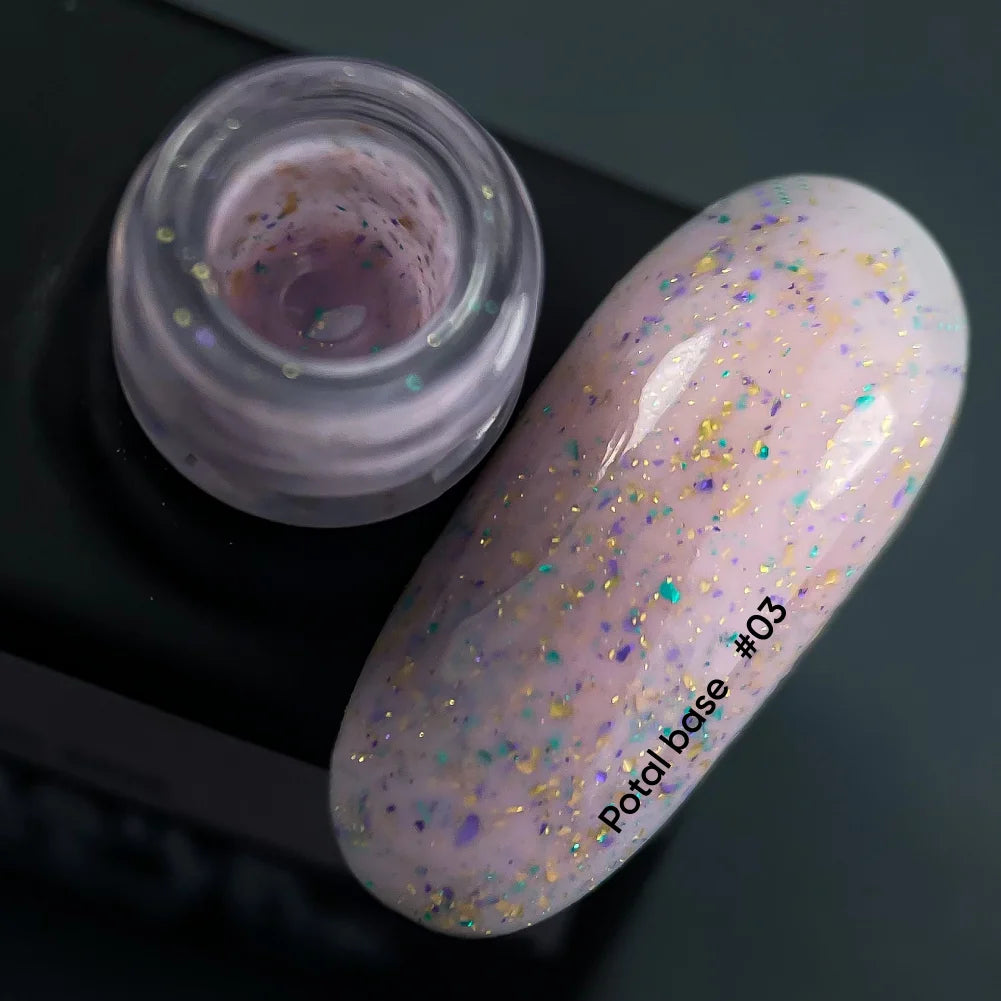 NAILSOFTHEDAY Potal Base 03 - молочно-фиолетовая база с поталью (золотисто-фиолетовая и зеленая поталь), 10мл