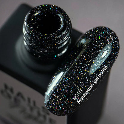 NAILSOFTHENIGHT Manhattan gel polish - schwarz mit holographischem Schimmer reflektierender Gellack für Nägel, 10ml