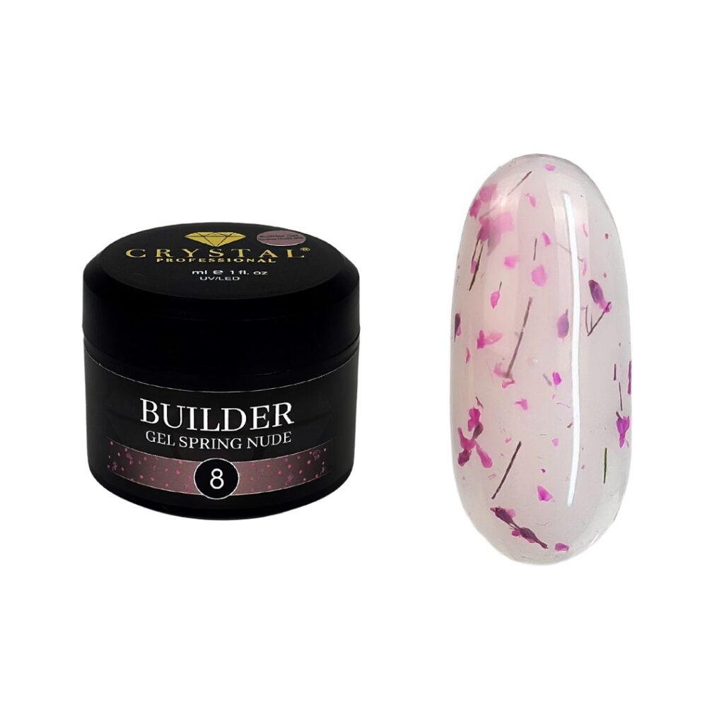 Crystal Professional Builder Gel Spring Nude №8 15 ml – Halbtransparentes Fuchsia-Aufbaugel mit Trockenblumen