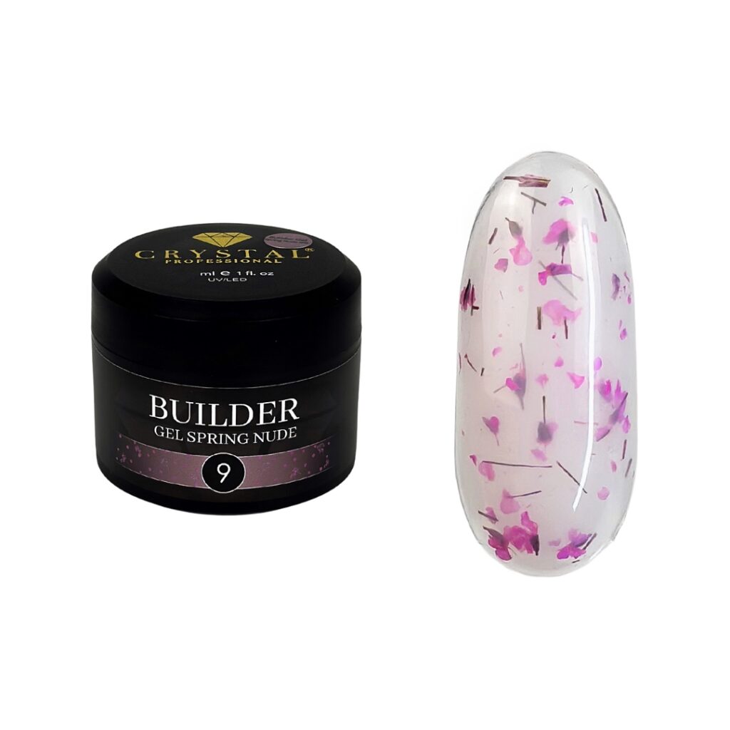 Crystal Professional Builder Gel Spring Nude №9 15 ml – Halbtransparentes rosa Aufbaugel mit Trockenblumen