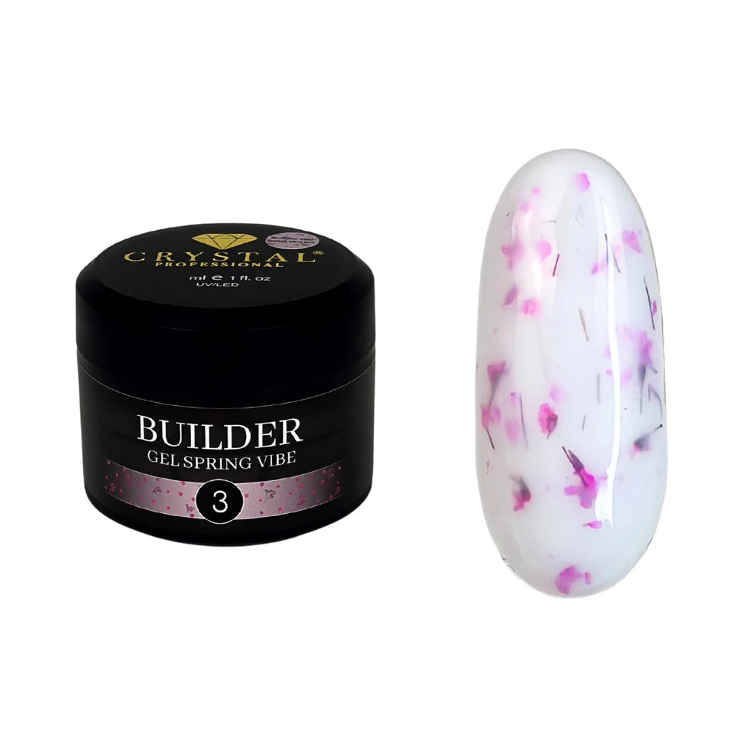 Crystal Professional Builder Gel Spring Vibe №3 15 ml – Milchiges Aufbaugel mit himbeerfarbenen Trockenblumen