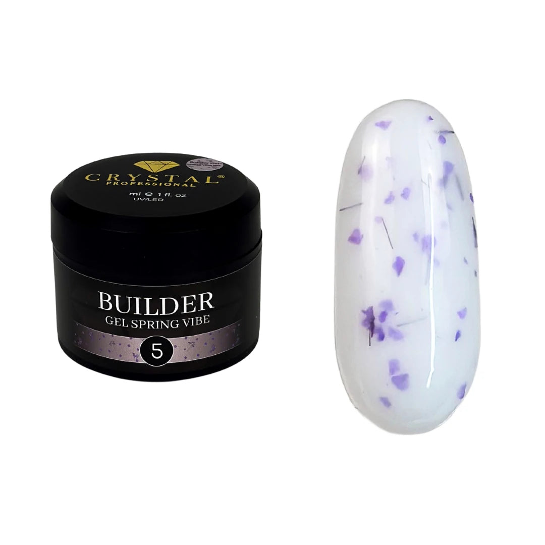 Crystal Professional Builder Gel Spring Vibe №5 15 ml – Milchiges Aufbaugel mit violetten Trockenblumen