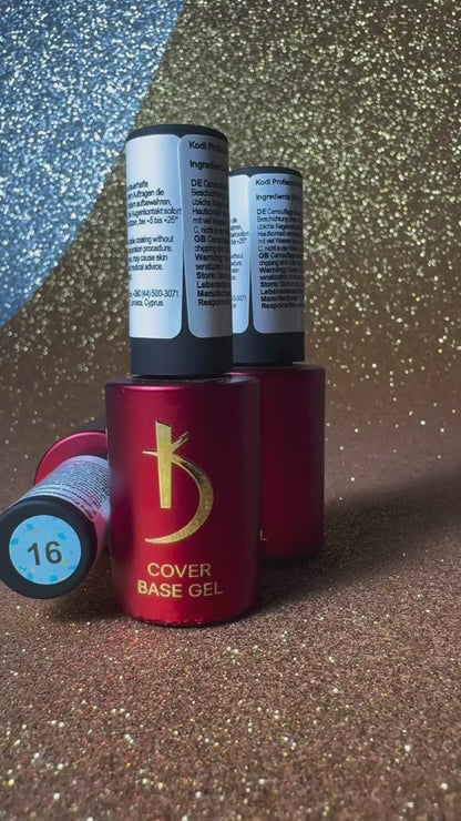 KODI Cover Base Gel Flake 16, 7 ml — professionelle Basis mit zartem Blauton und schimmernden Partikeln für Maniküre.